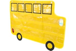 Baluue Bus Shaped Alphabet Pocket Chart Wall Hanging Organizer with 26 Yellow Pockets for Teacher Classroom