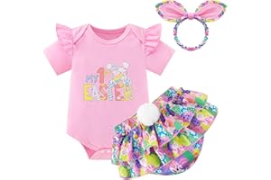 Bkixhv Baby Girl Easter Outfit Bunny Print Short Sleeve Romper Elastic Waist Shorts with Headband 3Pcs Clothes Set