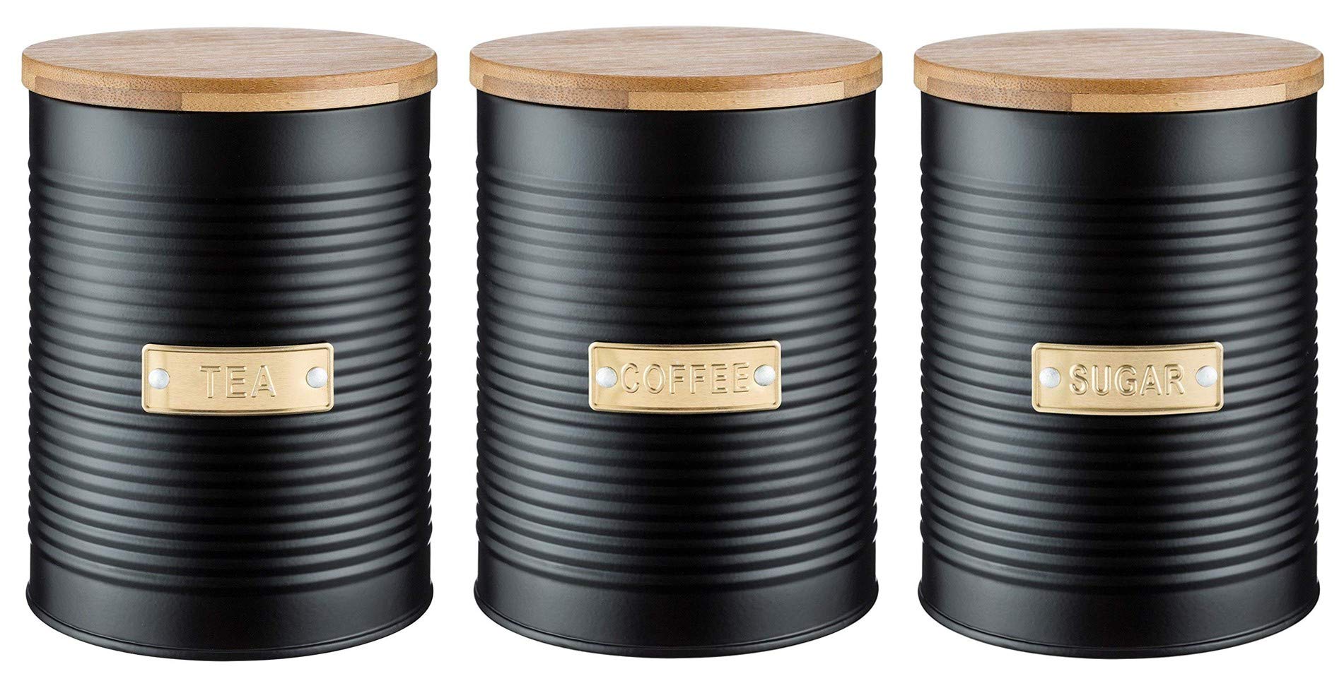 Typhoon Otto Tea, Coffee and Sugar Storage Canister with Bamboo Lid, Set of 3, Black, 1 Litre