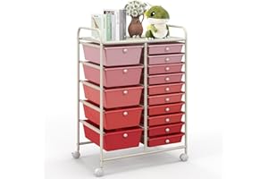 SILKYDRY 15 Drawers Rolling Storage Cart, Mobile Utility Drawer Cart with Lockable Wheels for Crafts, Tools, Arts Supplies, Multipurpose Organizer Cart for Home Office School (Mixed Pink)