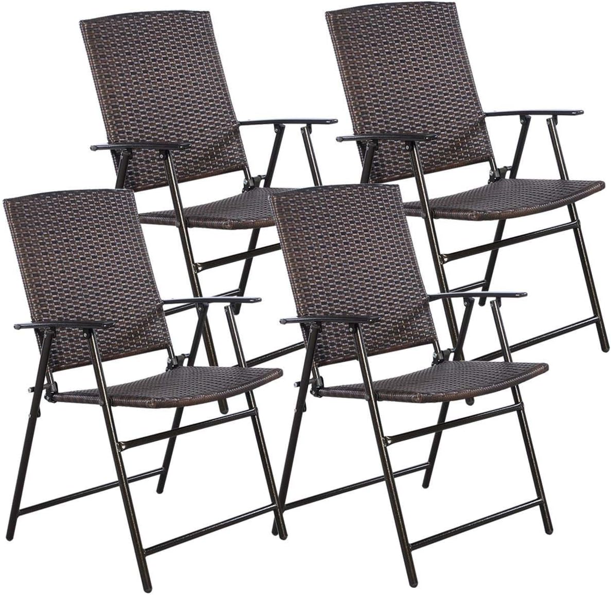 COSTWAY HW51584 P 4 PCS Folding Patio Outdoor Pool Lawn Portable Wicker Armrest & Footrest Durable Rattan Steel Frame Commercial Foldable Stackable Party Wedding Chair Set (24X23X, Mix Brown: Kitchen & Dining