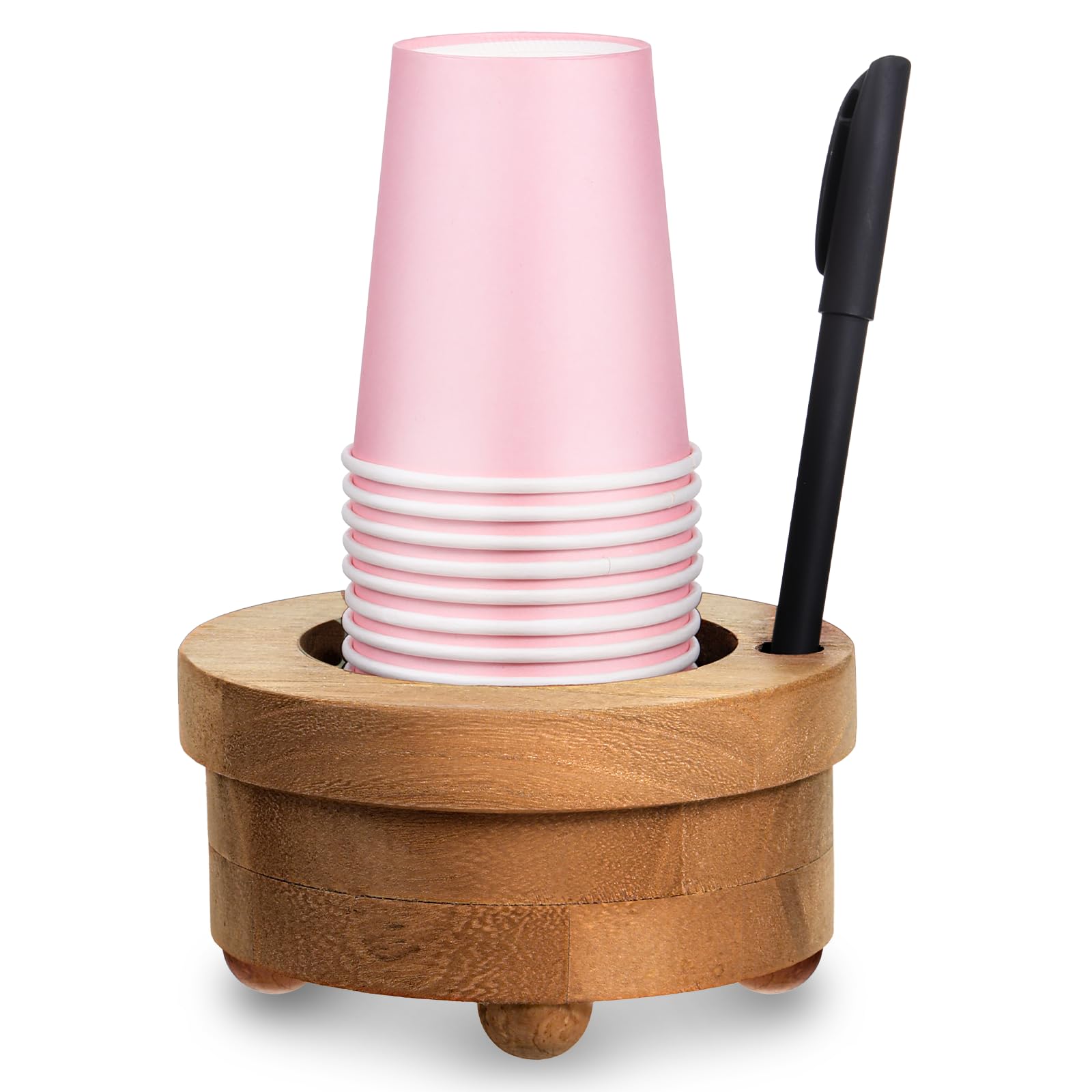 Photo 1 of Ptwola Wooden Cup Holder with Marker Slot Brown Disposable Mug Holder Dispenser Round Paper Cup Organizer for Party Bar Decoration Kitchen Bathroom Showers Picnic Housewarming (No Pen)