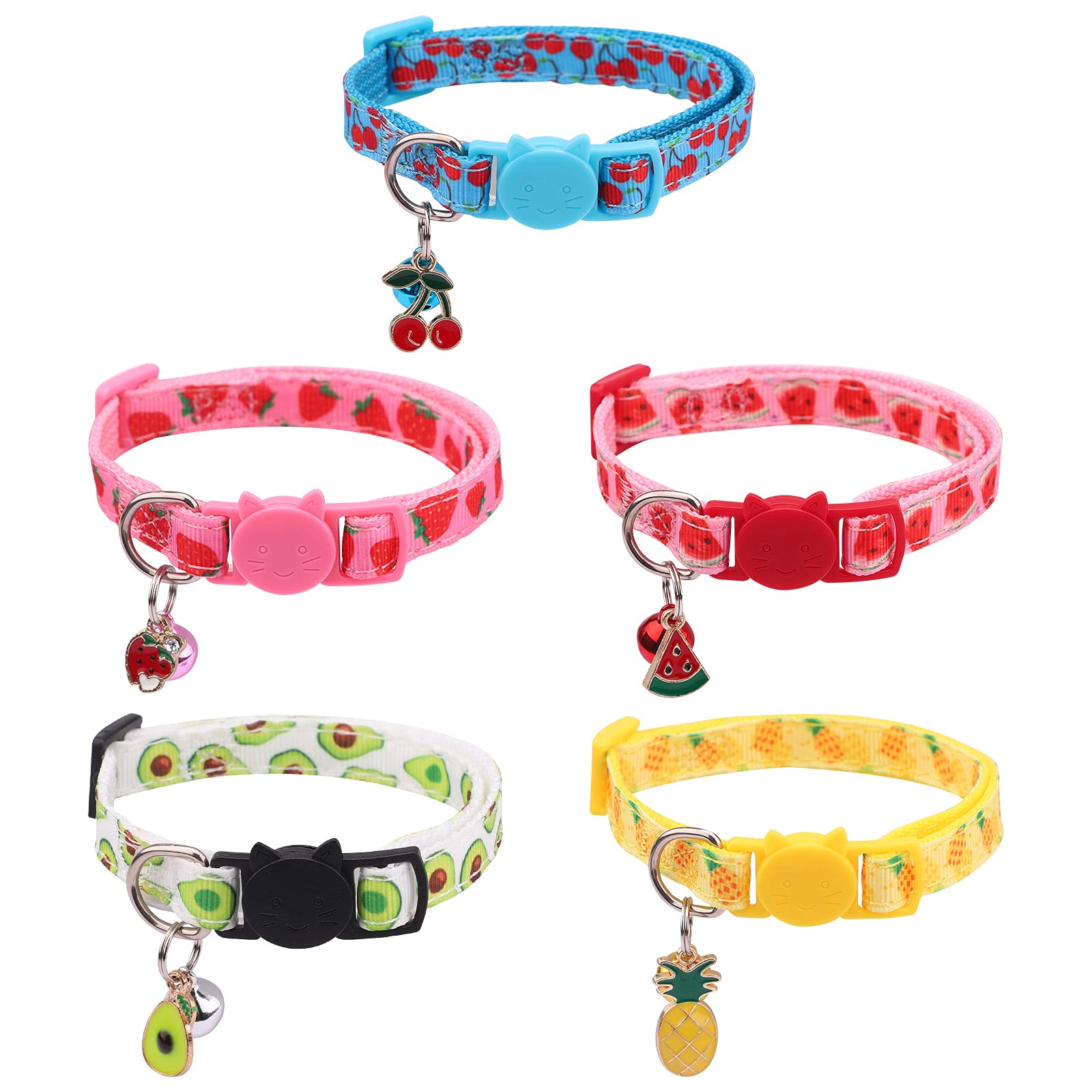 Hileyu 5 Pack Adjustable Cat Collars 18-30cm Kitten Collars with Bells and Safety Quick Release Buckle Small Pet Collar Summer Fruit Style Cat Collar for Domestic Cats Kitten Puppy Small Dogs Wearing