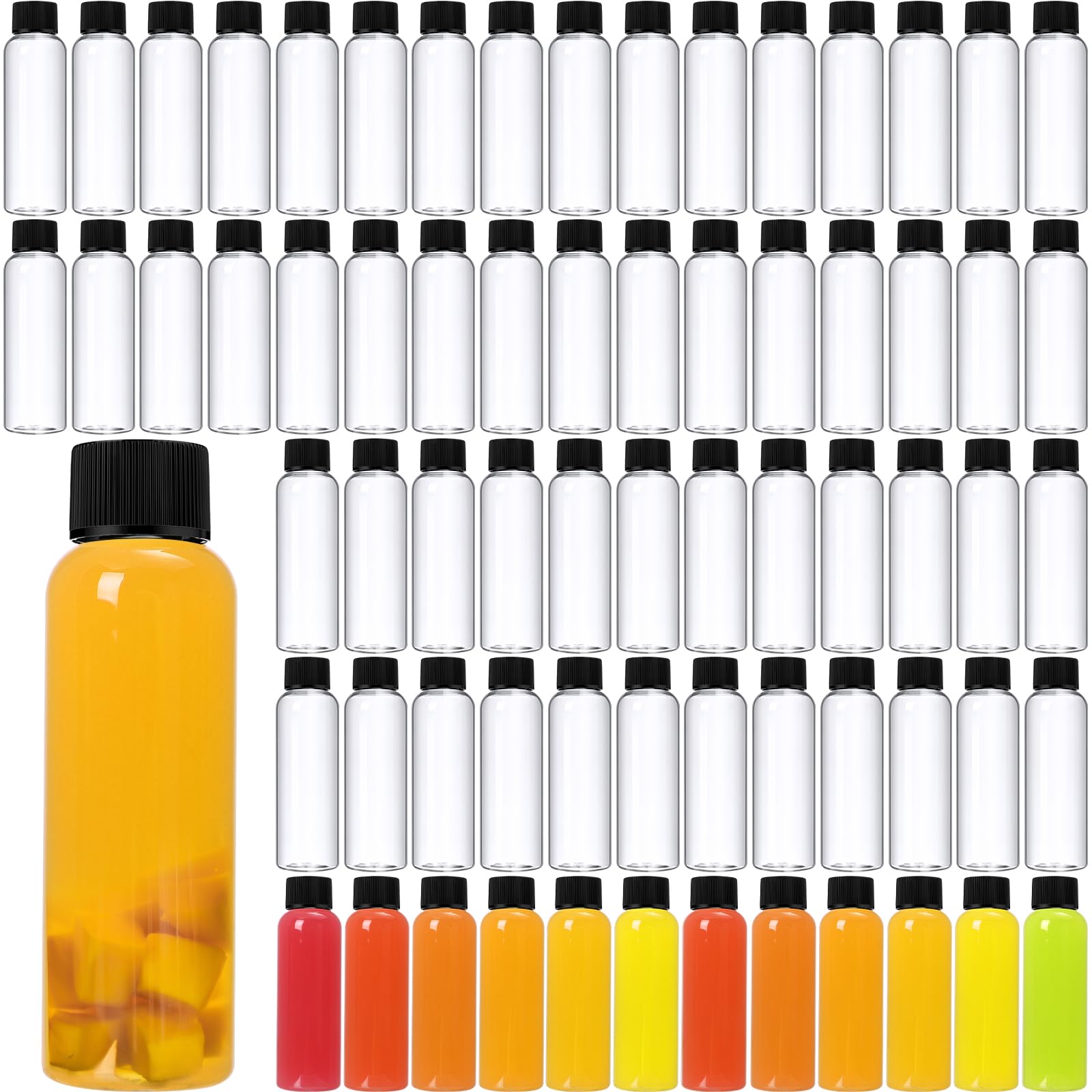 Photo 1 of Eccliy 100 Pcs 2oz Clear Plastic Bottles Mini Juice Bottle with Screw Lid Small Empty Reusable Liquid Vial Freezer Safe Drinking Beverage Container Leak Proof for Juice Milk Water Beverages (Black)