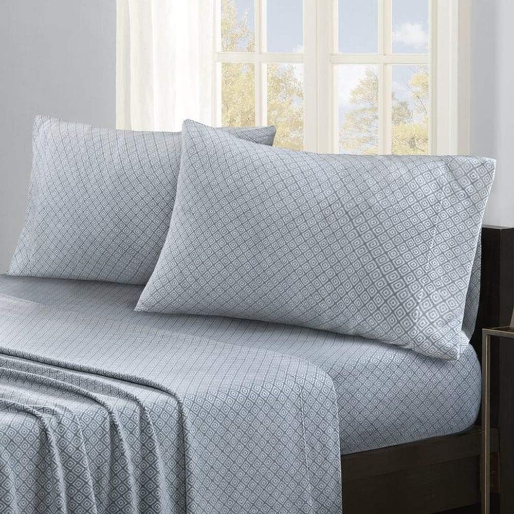 4 Piece All Seasons Blue Flannel Sheets King Size,Beautiful Subtle Geometric Diamond