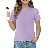 Arshiner Girls Lettuce Trim Short Sleeve Shirts Summer Ribbed Knit Crewneck Casual T Shirt Tops Tee Blouse