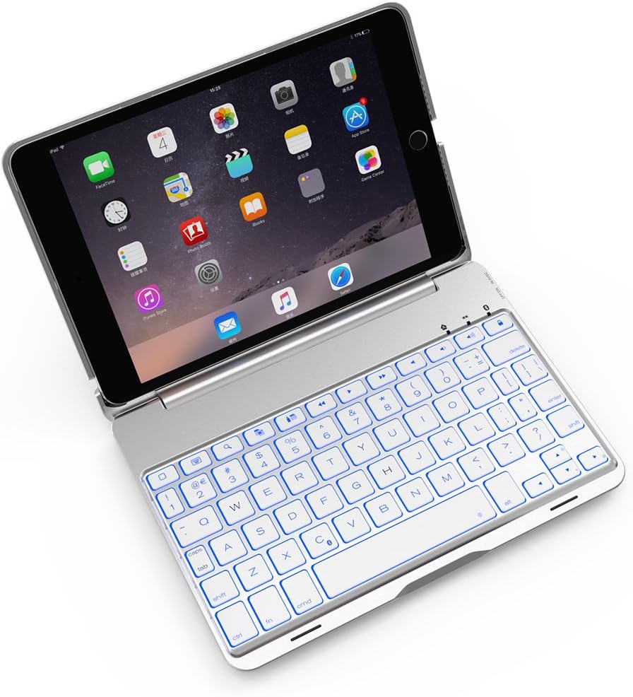 iPad Mini Keyboard Case Bosssee F8S Mini Aluminum Alloy Clamshell Case with 7 Colors Backlit Wireless Bluetooth Keyboard Protective Cover for iPad Mini 2/3 (Silver)