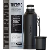 Vacuum Insulated Thermo, Stainless Steel Water-Coffee-Mate Flask 34oz - 1Lt | Double Wall Thermo Bottle for Hot&amp;Cold Drinks, Leak-Proof Travel Mug w/Cup Lid, BPA-Free, Outdoor&amp;Office, Hot 24h-Cold 48h