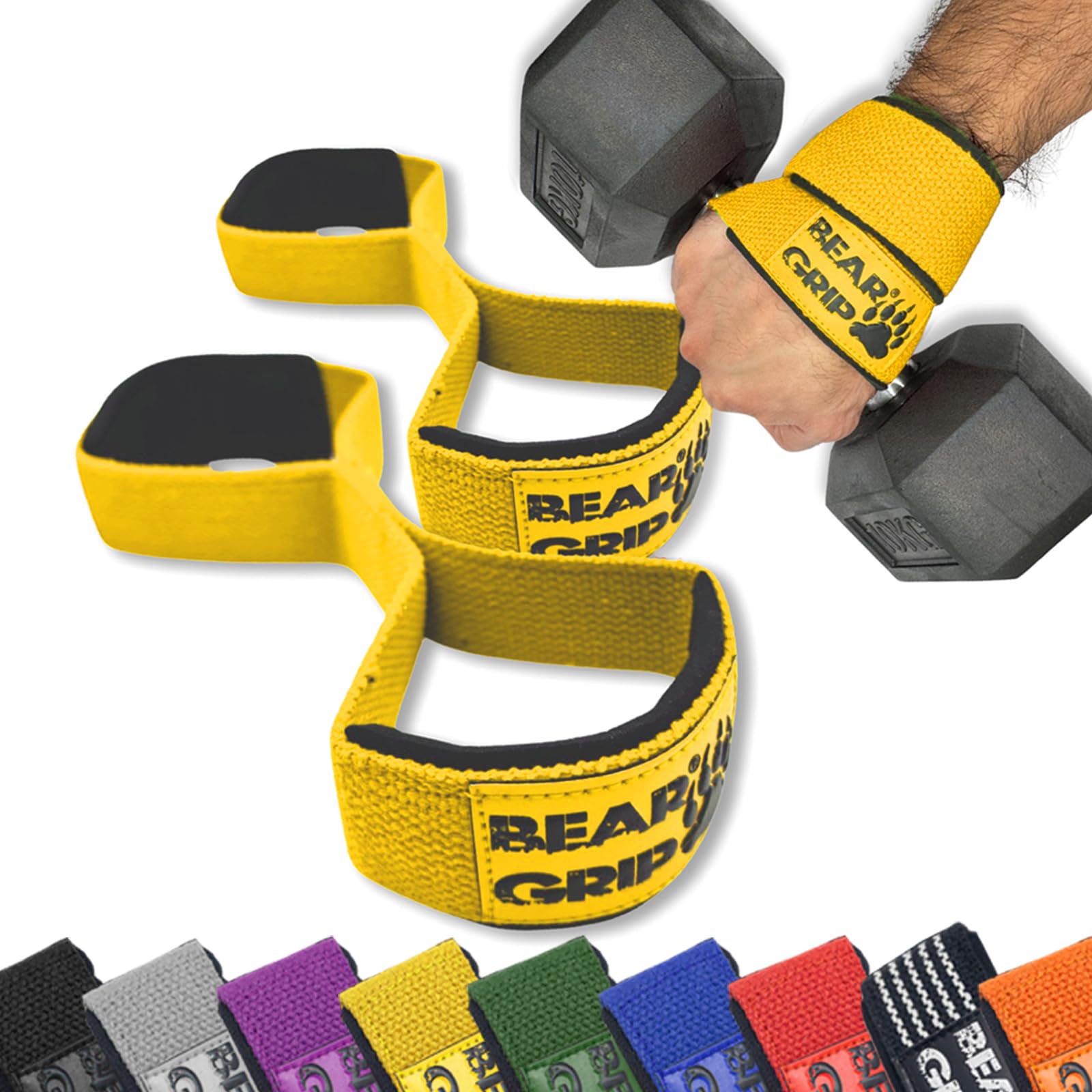 BEAR GRIP - Premium Figure 8 weight lifting straps (sold in pairs) (Yellow)
