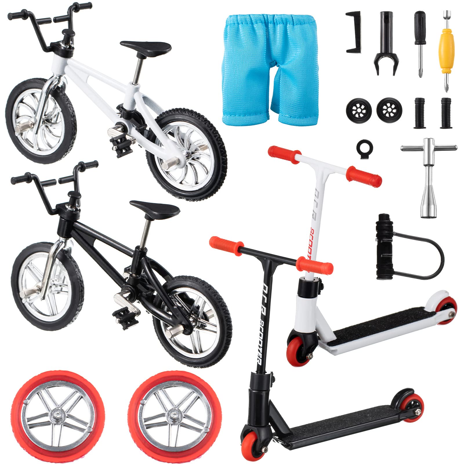 Photo 1 of Zomiboo 18 Pieces Finger Toy Set Including Alloy Finger Bikes, Finger Scooter, Finger Pants, Replacement Wheels, Bike Lock and Mini Tools Movement Party Favors(Black, White, Blue)