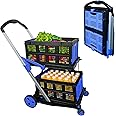 APOXCON Shopping Cart with 2 Storage Crates, Multi Use Two Tier Collapsible Cart with 360° Rolling Swivel Wheels Heavy Duty Folding Trolley for Shopping, Picnic and Office