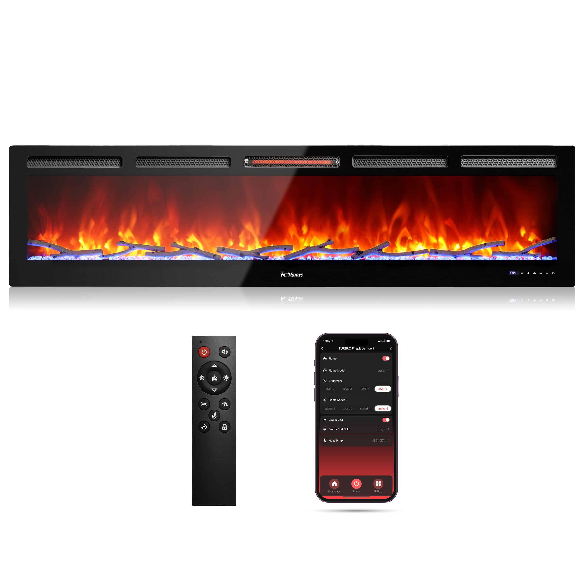 Photo 1 of TURBRO 72” Smart WiFi Infrared Electric Fireplace with Sound Crackling and Realistic Flame, 1500W Quartz Heater, Recessed or Wall Mounted, Adjustable Flame Effects, Remote Control and App, in Flames