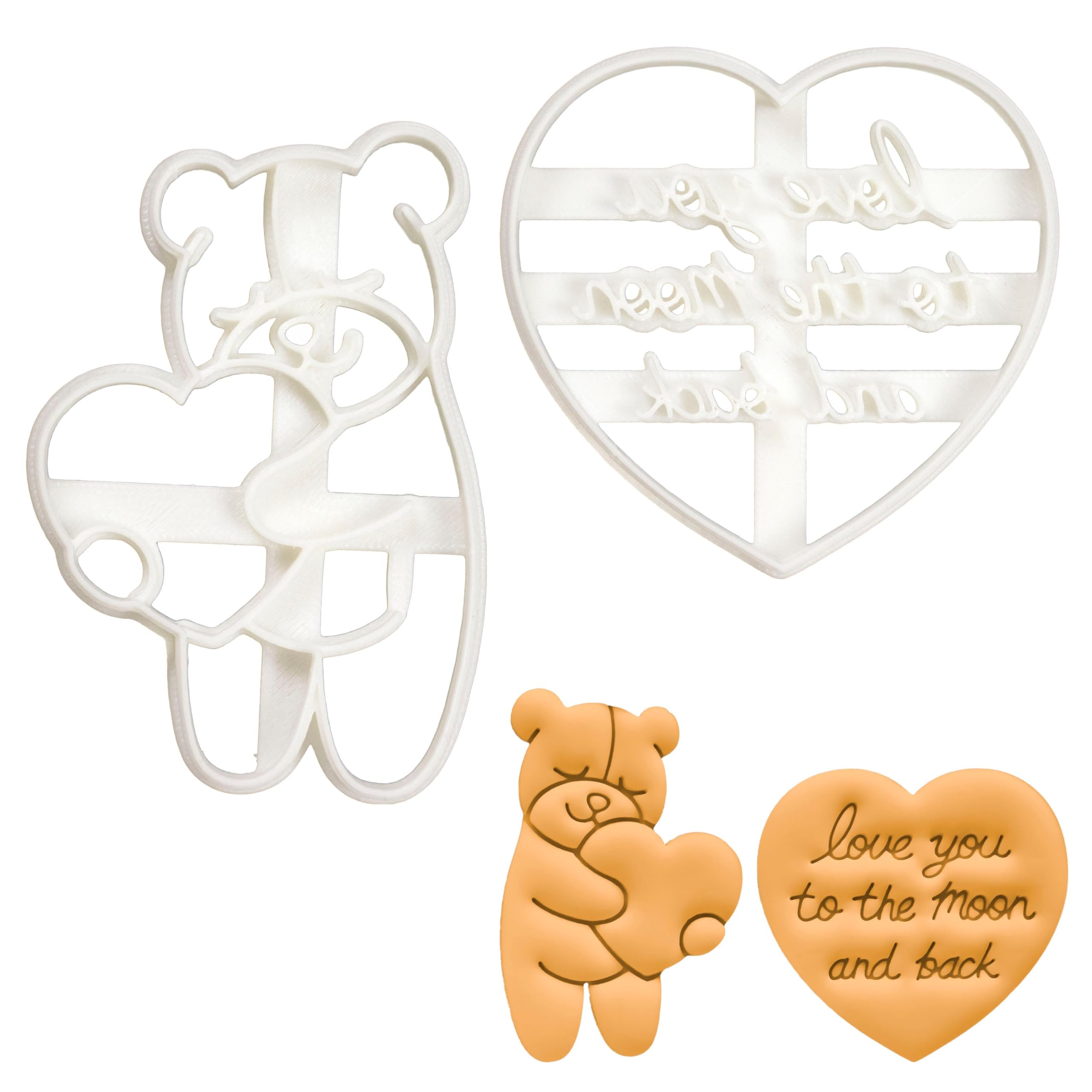 BAKERLOGY Love You to The Moon and Back in Cursive and Cute Bear Hugging a Heart Cookie Cutters - Detailed Biscuit Cutter Design for Baking and Crafts, Ideal on Fondant, Dough, Clay