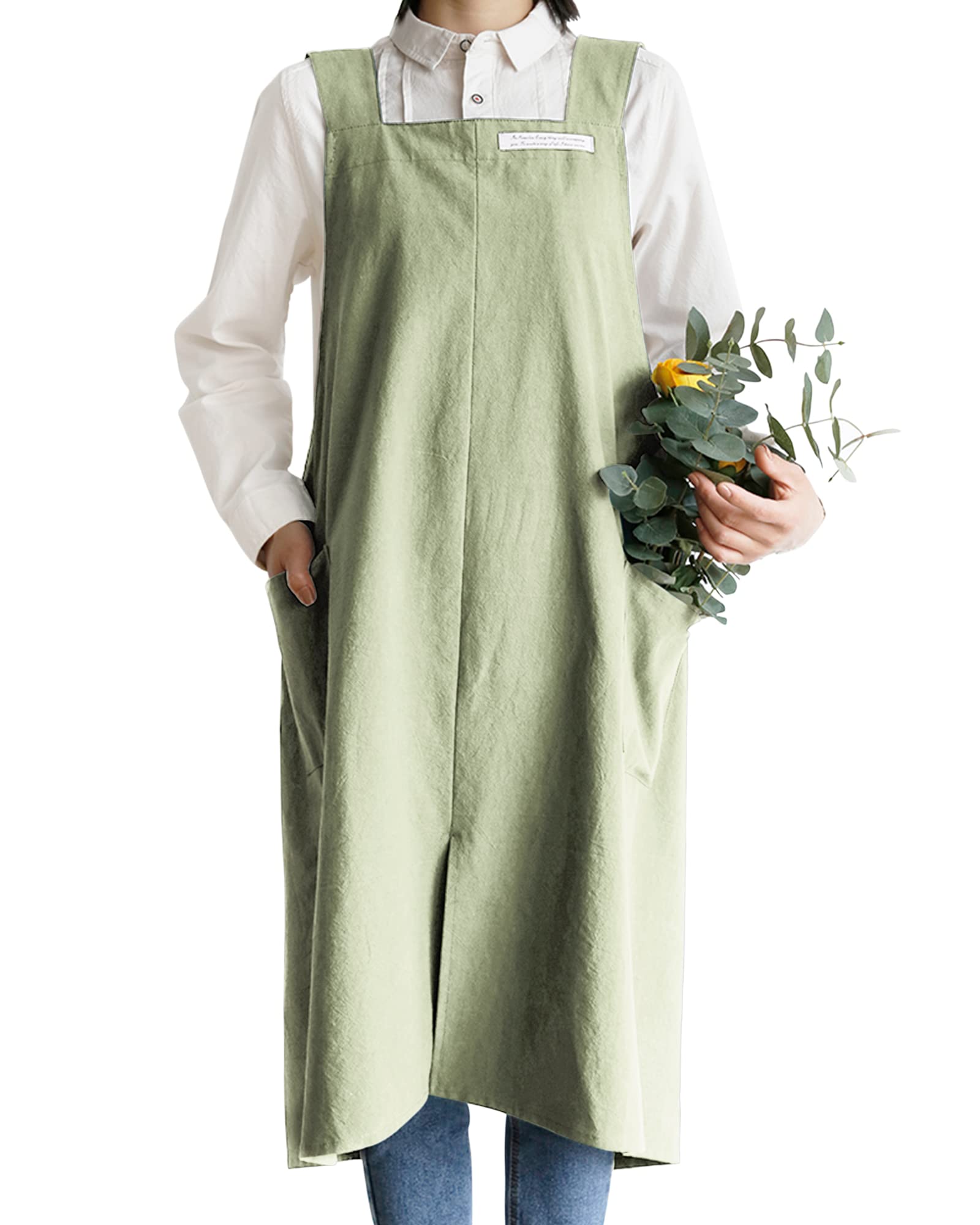 Small snail Apron Cotton Linen Solid Color Japanese Style Cross Bandage Halter Pinafore with Pocket Literature Art Flower Shop Clothing for Women Men Cooking Kitchen Casual Aprons Plus Size Green