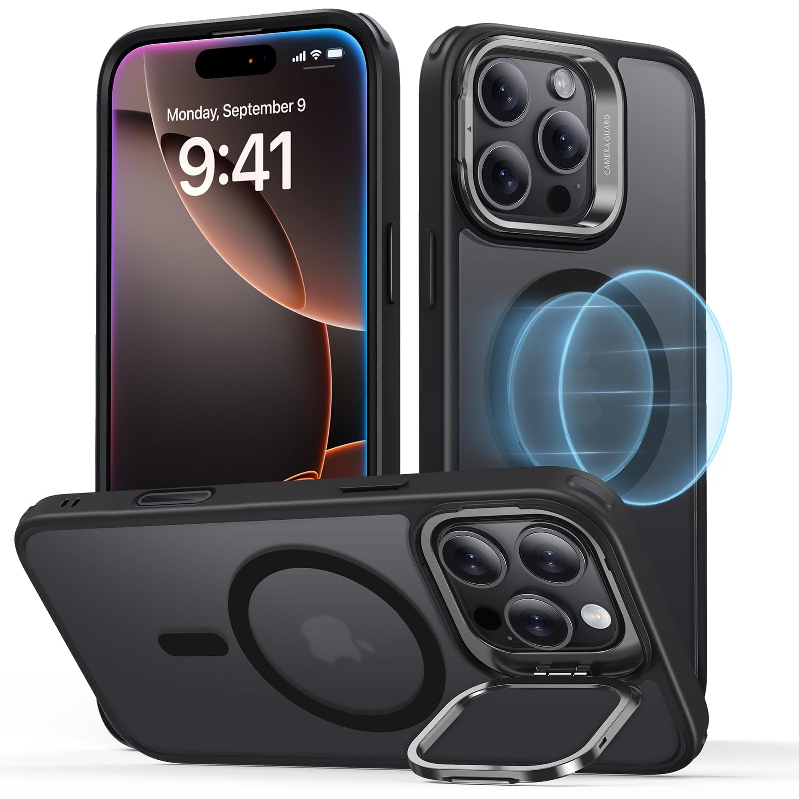 ESR for iPhone 16 Pro Max Case, Compatible with MagSafe, Military-Grade Protective Case, Built-In Stash Stand Phone Case, Scratch-Resistant Back Cover, Classic Series, Frosted Black