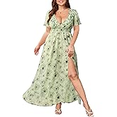 Plus Size Floral Short Sleeve Maxi Dress - V Neck Chiffon Elastic Waist Dress with Slit, Flowy Boho Dresses (M-3XL)