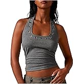 BEAUDRM Women's Grommet Eyelet Halter Tops Y2k Ruched Backless Sleeveless Tank Top