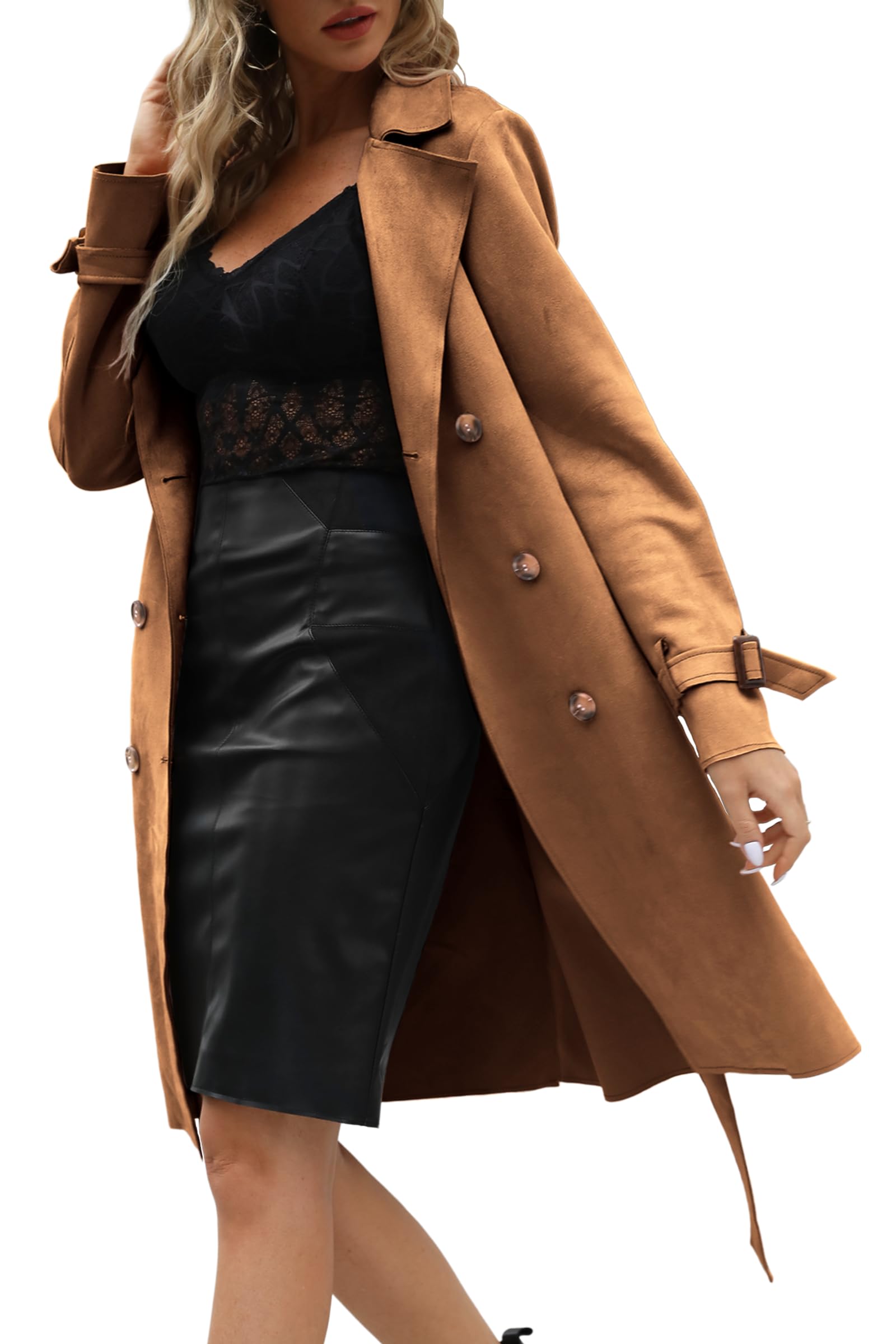 Photo 1 of Bellivera Women Faux Suede Leather Jacket, Spring Fall Clothes Winter Long Trench Coat, Lightweight Windbreaker with Belt 18CLA Camel L