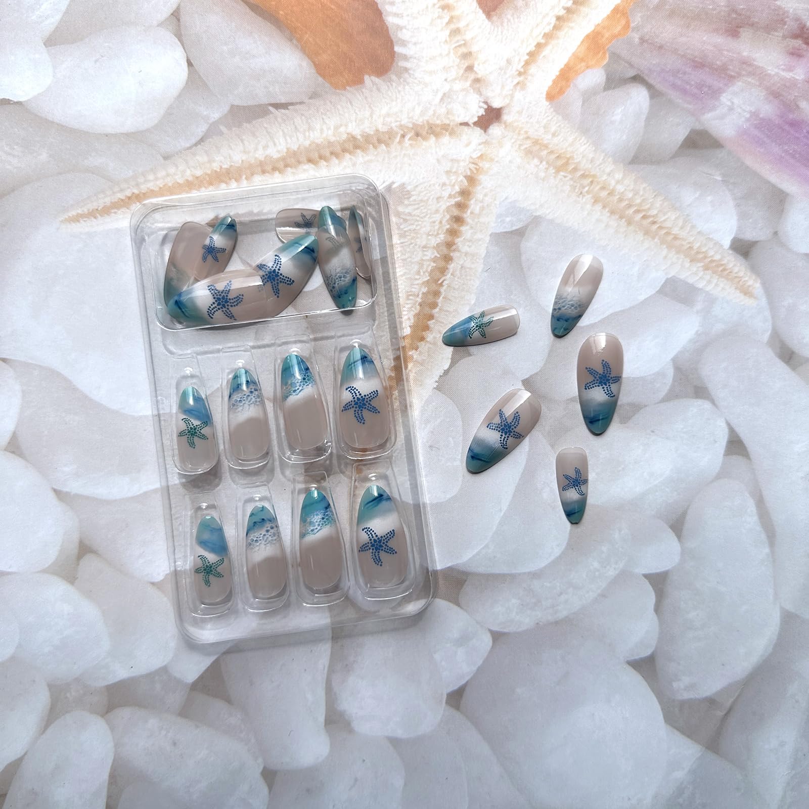 Almond Press On Nails Medium Length Fake Nails Full Cover False Nails with Beach Waves Starfish Design Glossy Summer Glue on Nails Cute Blue Nail Tips Acrylic Stick on Nails for Women Girls Manicure - Image 3