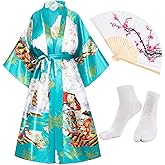 Long Kimono Satin Printed Lightweight Cardigan Jacket Coat Yukata Cloak Bathrobe Tops fans Tabi socks set