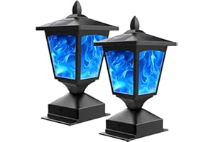 BLUEYANG Solar Post Flame Light,Outdoor Deck Fence Post Cap LED Light,Waterproof 4x4 5x5 6x6 Black Post Top Solar Powered Light with Flickering Flame for Garden Outside,2 Pack, Black-Blue Light
