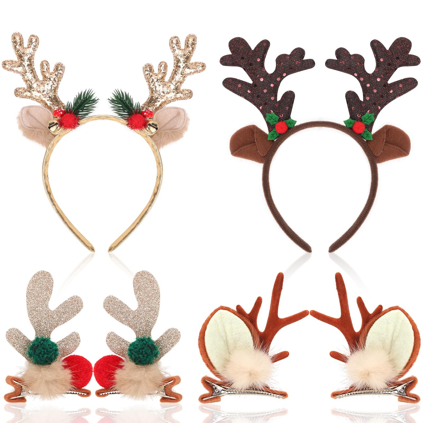 HOWAF 4 Christmas Reindeer Headband & Hair Clips, Christmas Headbands Reindeer Antlers Headband, for Halloween Xmas Costume, Brown Gold