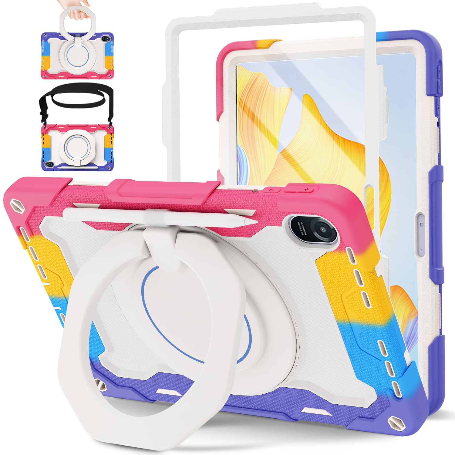 ROISKIN for Honor Pad 8 12 Inch Case 2022 for Kids,Heavy Duty Shockproof Cover with Screen Protector & Rotating Stand & Shoulder Strap & Pencil Holder,Pink