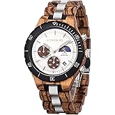 BOBO BIRD Mens Quartz Wooden Watches Stainless Steel Red Sandalwood Alloy Wood Watch for Male Classic Function Wristwatch Chronograph Luminous Hands Day and Night Date Display