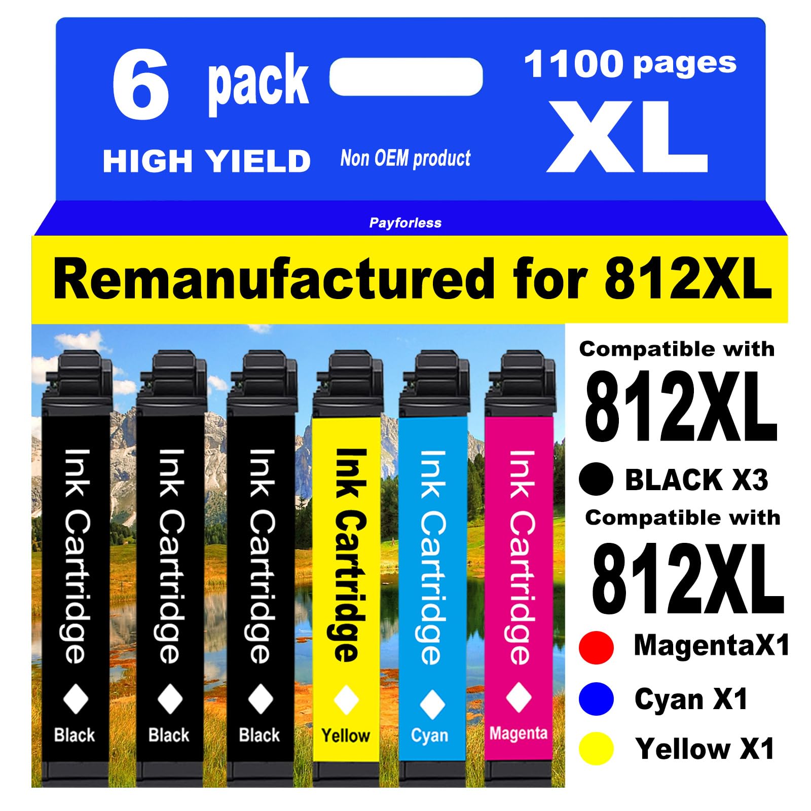 Photo 1 of PayForLess for 812XL Remanufactured for Epson 812XL Ink cartridges Combo Pack 812 XL for Workforce Pro WF-7840 WF-7820 WF-7310 EC-C7000 Printer 3 Black 1 Cyan 1 Magenta 1 Yellow 6 Pack