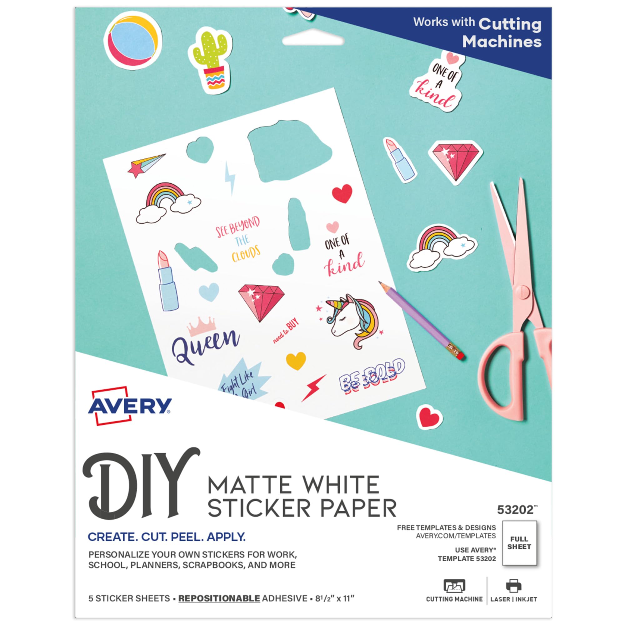 Photo 1 of Avery Printable Sticker Paper, 8.5" x 11", Matte White, Repositionable Adhesive, Laser/Inkjet Compatible, 5 Full-Size Label Sheets, Great for Product Branding, Cute Stickers, Crafts, and More (53202)