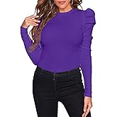 Remidoo Women's Solid Round Neck Puff Long Sleeve Slim Fit T Shirt Tops