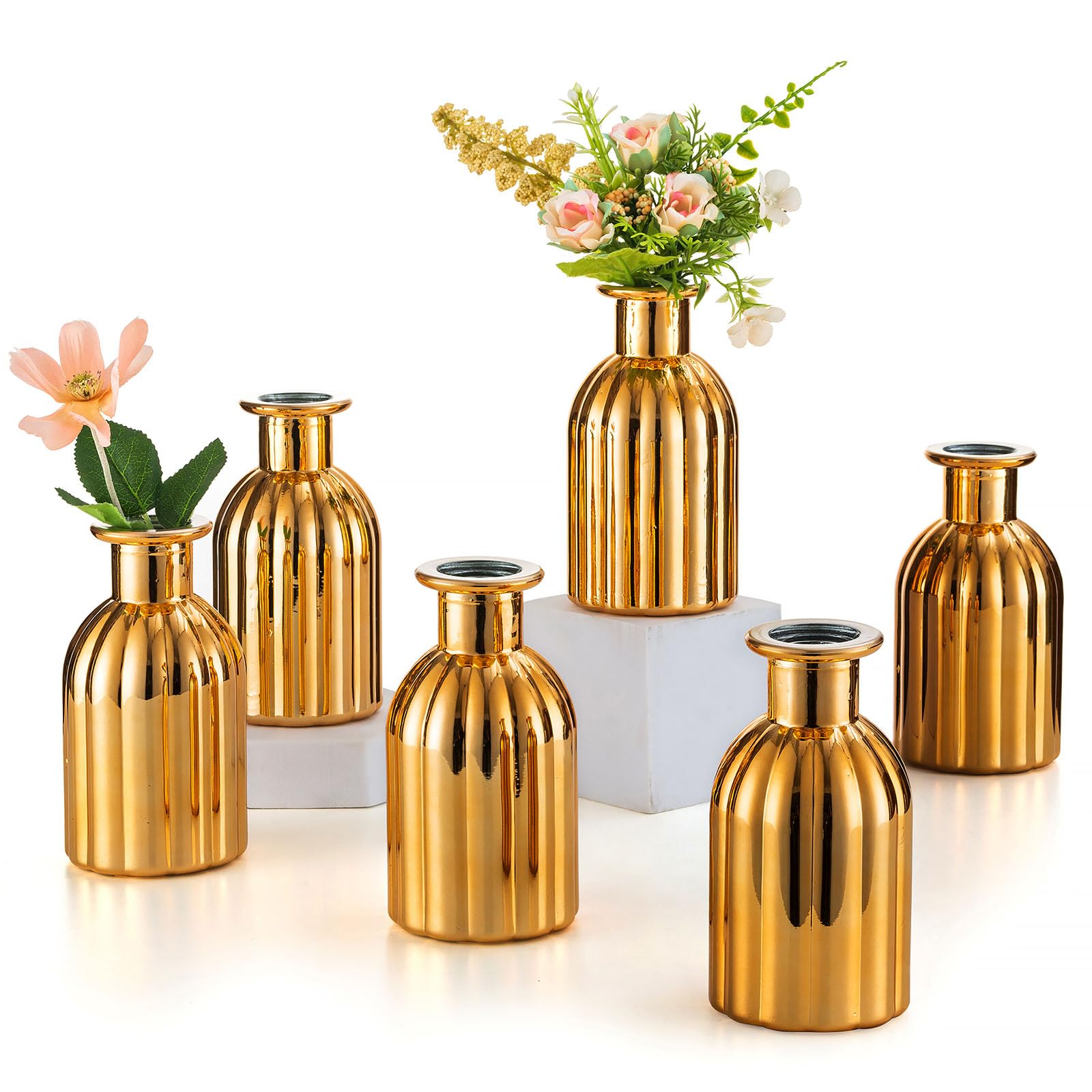 Glass Vases for Christmas Table Decoration - Inweder Set of 6 Small Flower Vases Vintage Ribbed Bud Vase Narrow Neck Gold Glass Bottles Wedding Centrepieces Plant Propagation Station Room Decor