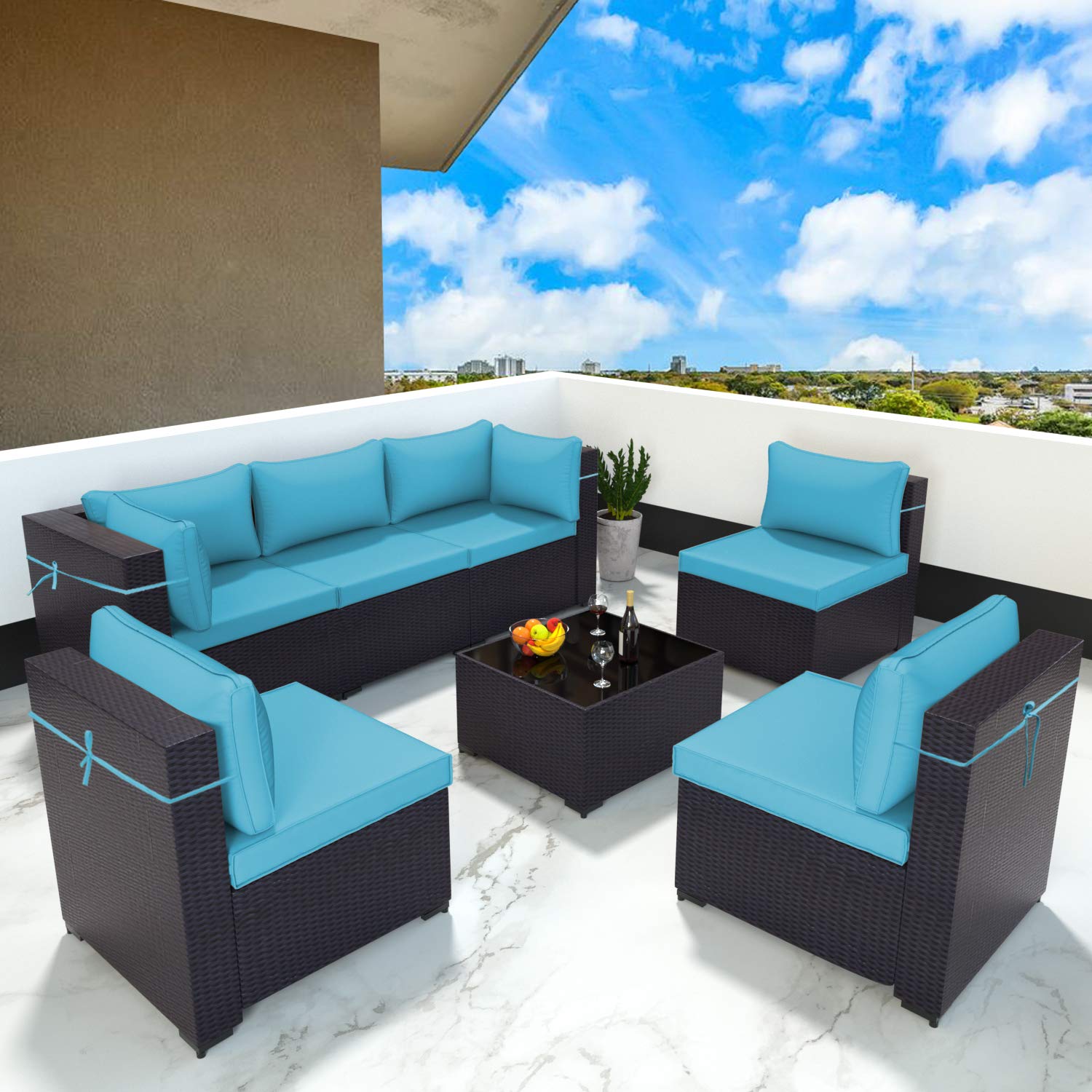 Gotland 7 Piece Outdoor Patio Furniture Sets All-Weather Outdoor Sectional Furniture PE Wicker Patio Sofa Conversation Chair Set with Coffee Table &amp; 6 Thickened Cushions (Black PE Rattan,Blue Covers)