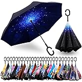 SIEPASA 49/56 Inch Inverted Reverse Upside Down Umbrella, Extra Large Double Canopy Vented Windproof Waterproof Stick Golf Umbrellas with C-shape Handle.
