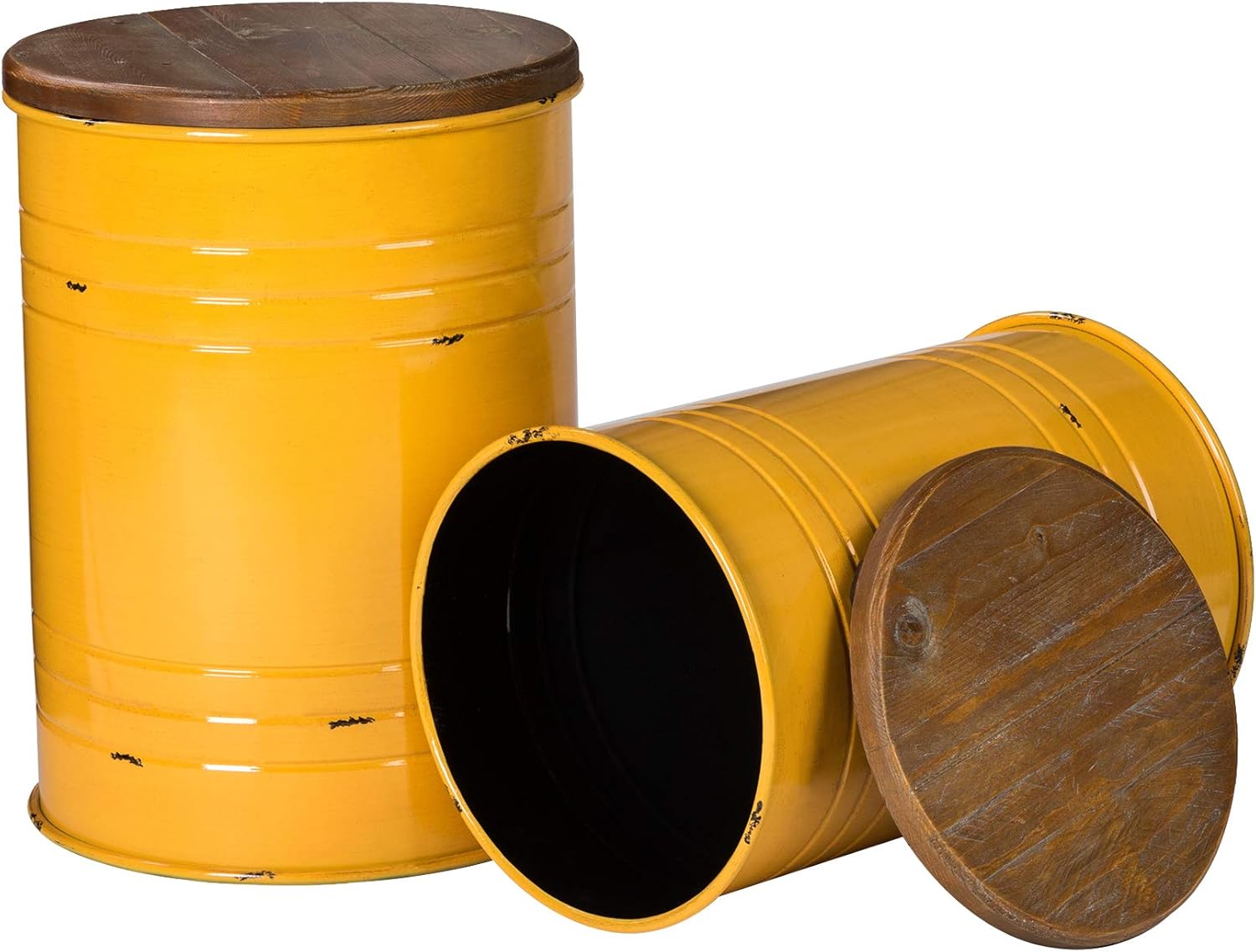 Glitzhome Rustic Storage Ottoman Seat Stool, Farmhouse End Table, Galvanized Metal Accent Side Table Toy Box Bin with Round Wood Lid for Living Room Furniture, Nesting Pieces Two, Yellow