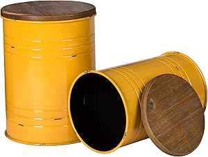 Glitzhome Rustic Storage Ottoman Seat Stool, Farmhouse End Table, Galvanized Metal Accent Side Table Toy Box Bin with Round Wood Lid for Living Room Furniture, Nesting Pieces Two, Yellow