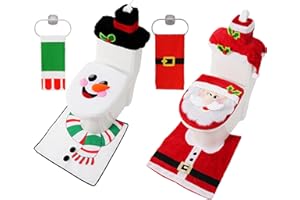 JOYIN 2 Set 5 Pieces Christmas Theme Bathroom Decoration Set w/Toilet Seat Cover, Rugs, Tank Cover, Toilet Paper Box Cover and Santa Towel for Xmas Indoor Décor, Party Favors (Santa & Snowman)