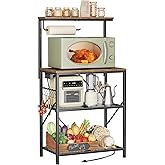 Huuger 4-Tier Bakers Rack with Reversible Power Outlet, 23.6 Inch Microwave Stand, Kitchen Coffee Bar, with Top Shelf, 6 S Hooks, Rustic Brown