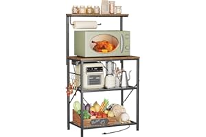 Huuger 4-Tier Bakers Rack with Reversible Power Outlet, 23.6 Inch Microwave Stand, Kitchen Coffee Bar, with Top Shelf, 6 S Hooks, Rustic Brown