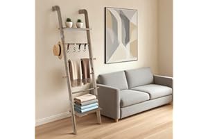 Fuairmee Wooden Ladder with Shelf for Room Decor, 6-Tier Ladder Rack with Non-Slip Mat & Hooks, Farmhouse Style Leaning Wall Display Holder