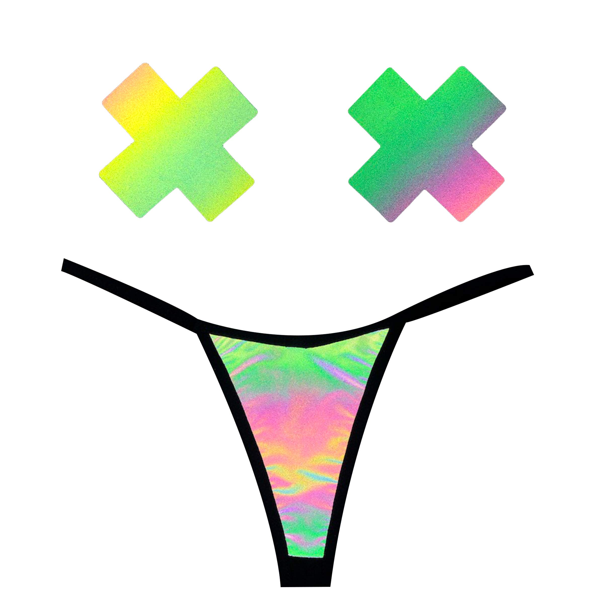 Neva Nude Rainbow Reflective Multicolor Grey Naughty Knix G String Panties and Matching Nipztix Pasties Set — image 1