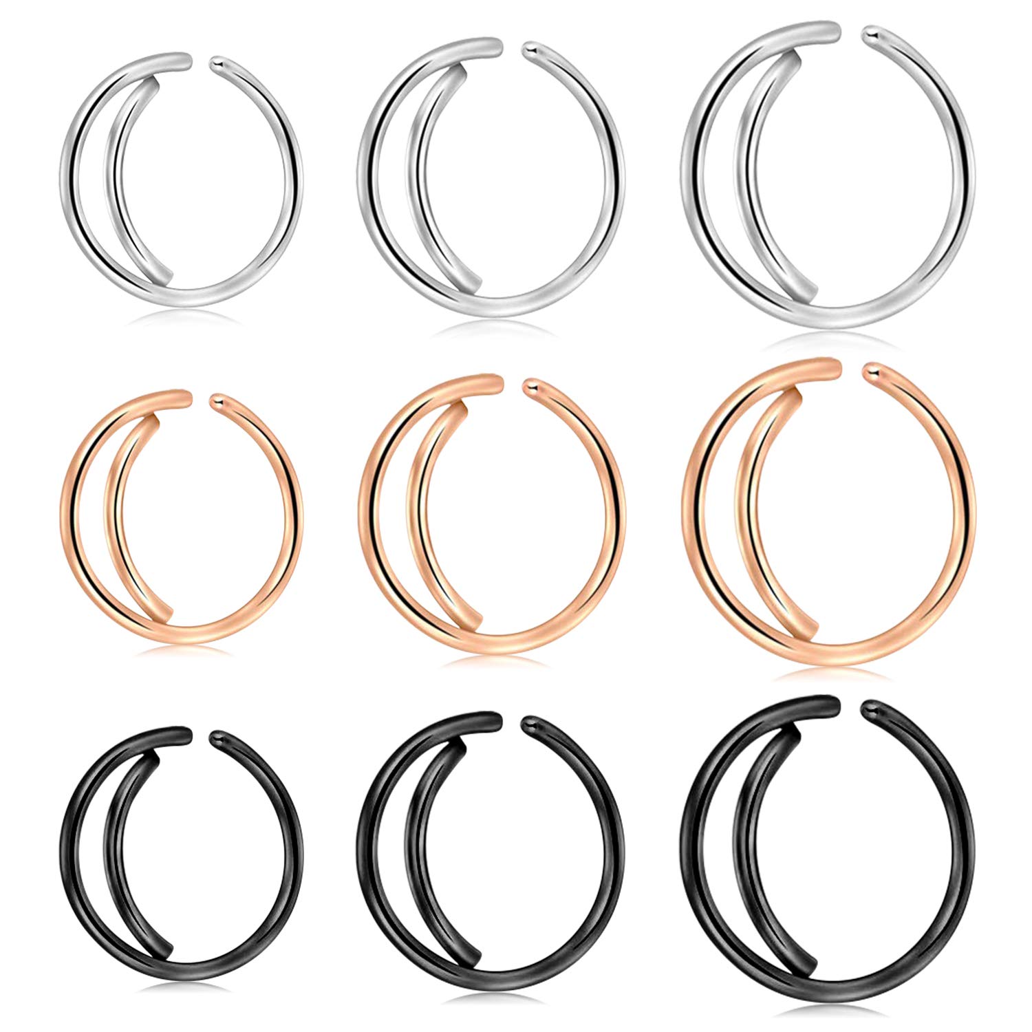 Longita Fake Nose Rings Hoop 20G Stainless Steel Non-Pierced Clip On Moon Fake Lip Ear Septum Ring 8-12MM 9pcs
