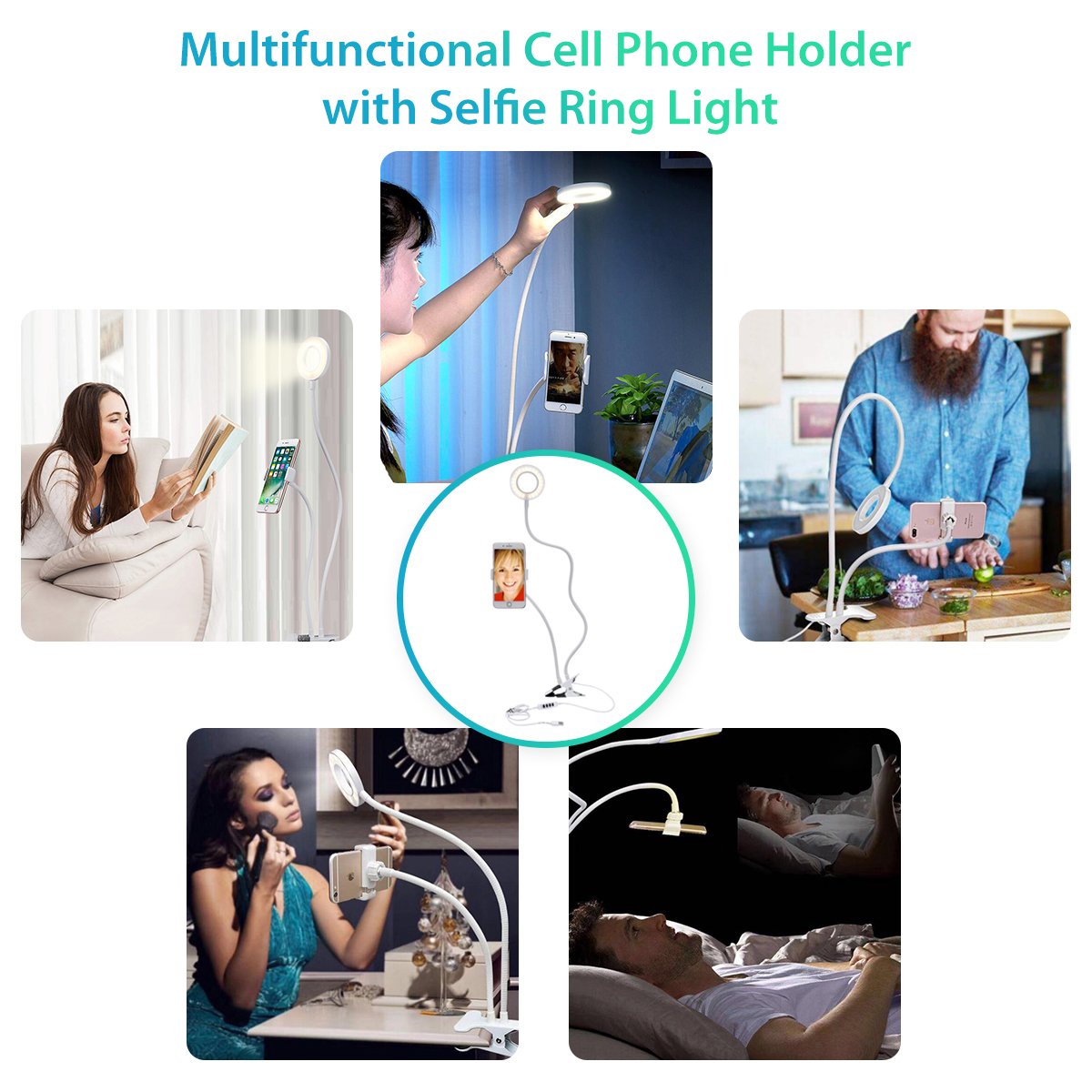 Reeple Selfie Ring Lamp Cell Phone Holder 48 LED Lamp for Live Stream Makeup, Flexible Mobile Phone Clip Holder Lazy Bracket Desk Lamp for Bedroom, Office, Kitchen, Bathroom