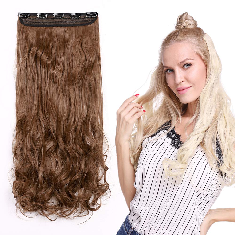 Silk-co 27 inch One Piece 5 Clips Clip in Hair Extensions 100% Synthetic Long Curly Hairpiece 3/4 Full Head (Medium Brown) — image 1
