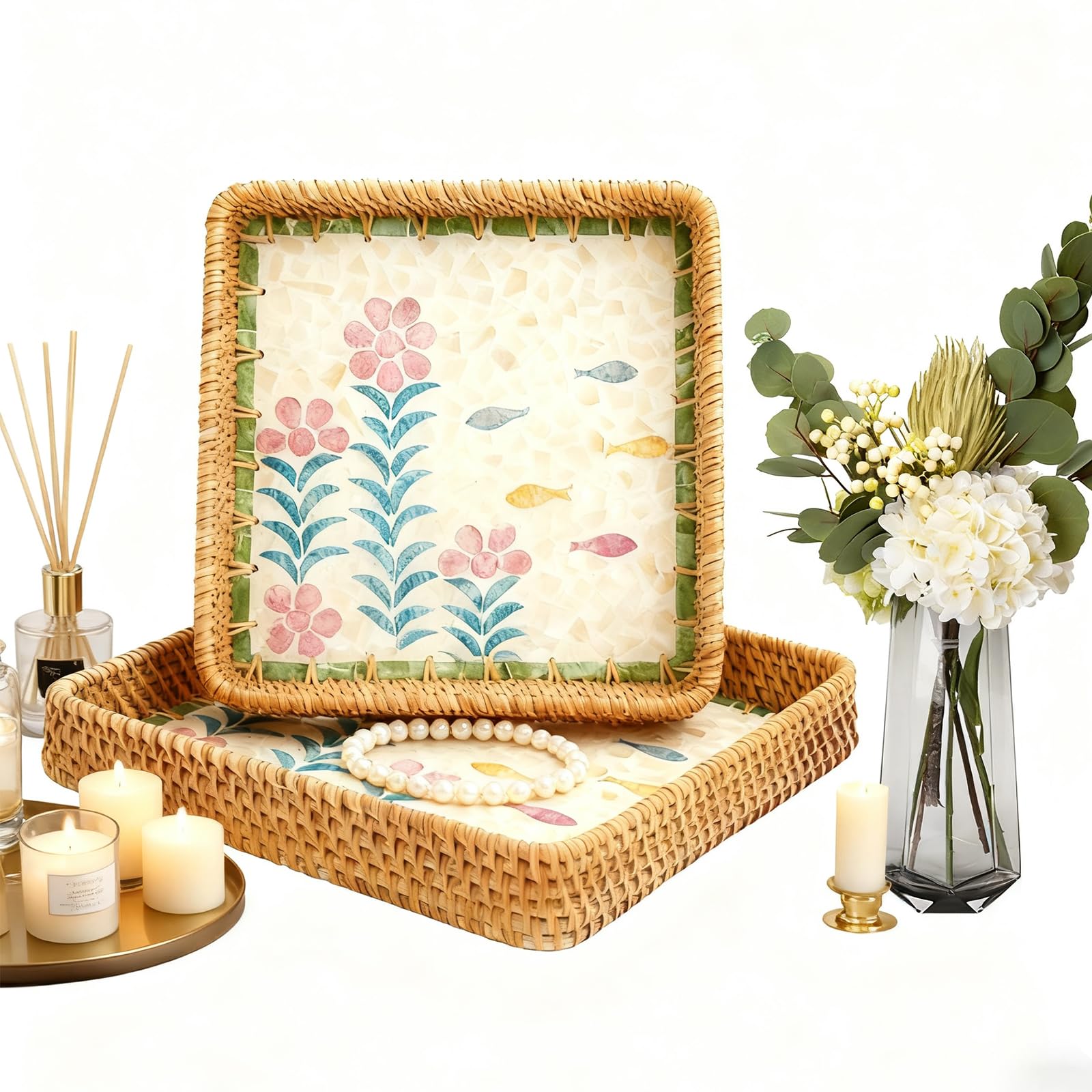 Photo 1 of 1 pcs Rectangle Rattan Serving Tray with Mother of Pearl Inlay, Decorative Wicker Tray for Coffee, Bread, Fruits, Elegant Table Decor for Living Room & Dining Room
