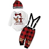 AMAWMW My First Christmas Baby Boy Outfit Infant 1st Christmas Romper Red Plaid Suspender Pants Hat Newborn Clothes Sets