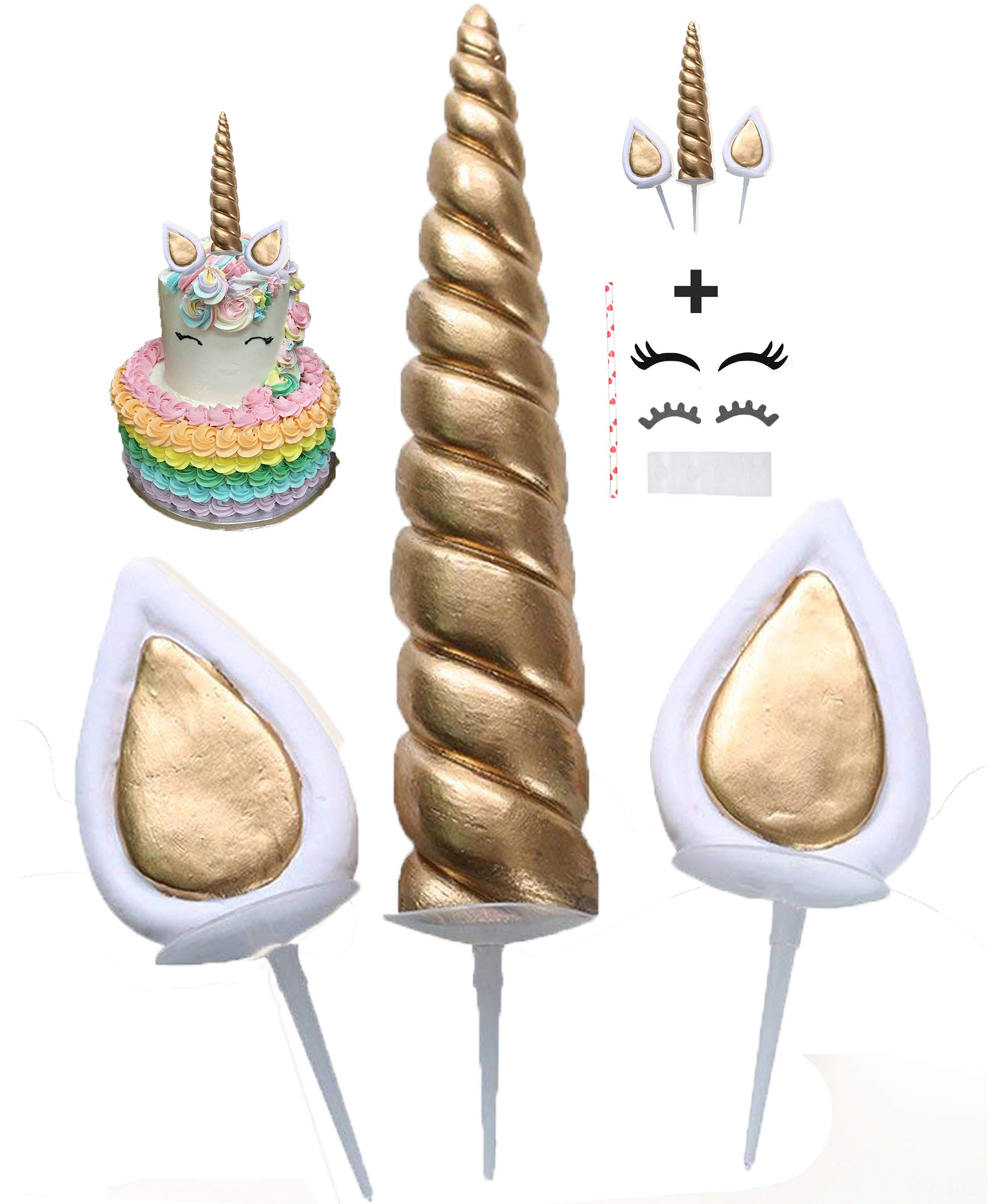 Photo 1 of XL Food Grade Unicorn Cake Topper, Reusable Gold Unicorn Horn,Ears And Eyelashes Party Cake Decoration Value Set For Unicorn Party Decoration For Baby Shower And Birthday Party (Gold, X-Large)