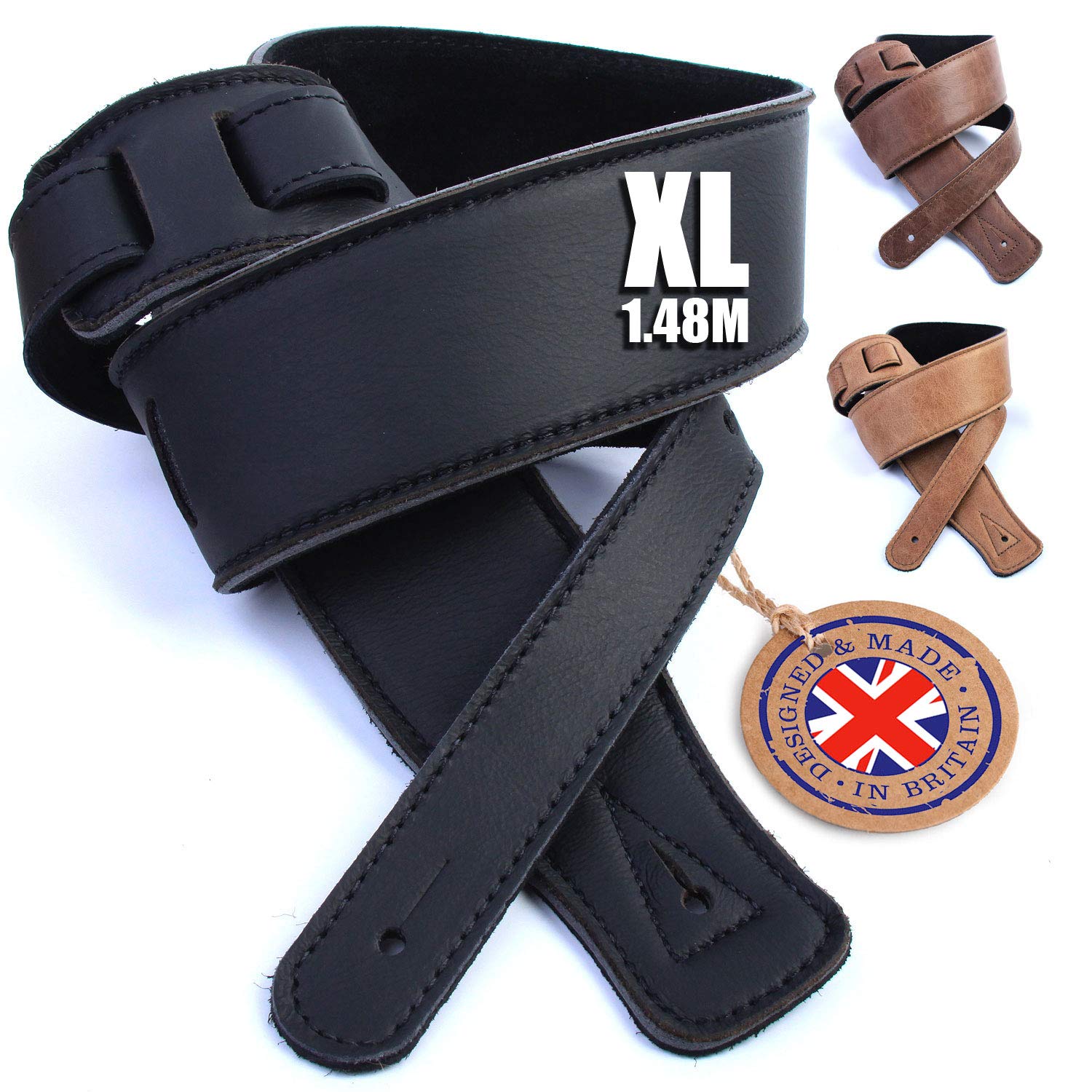 British Handmade Real Leather Guitar Strap: Finest Ultra Soft Italian Nappa Leather, 148cm long Foam Cushion Padded Guitar Belt - Suits Electric, Bass or Acoustic Instruments (inc Semi/Electro)