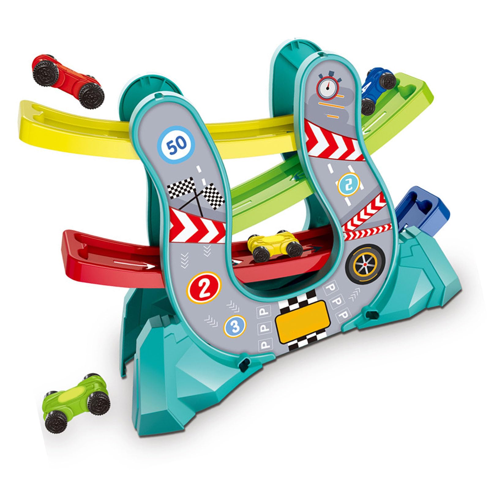 Race Car Ramp Toy Plastic Race Track Car Ramp Racer Toddler Car Ramp Toys with 4 Mini Cars Vehicle Playset Gift for 1 2 Year Old (Green)