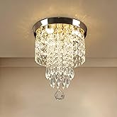 Cainjiazh Flush Mount Crystal Chandelier 9.8" – Modern Gold Ceiling Light with LED 3-Color K9 Raindrop Crystals for Bedroom, 